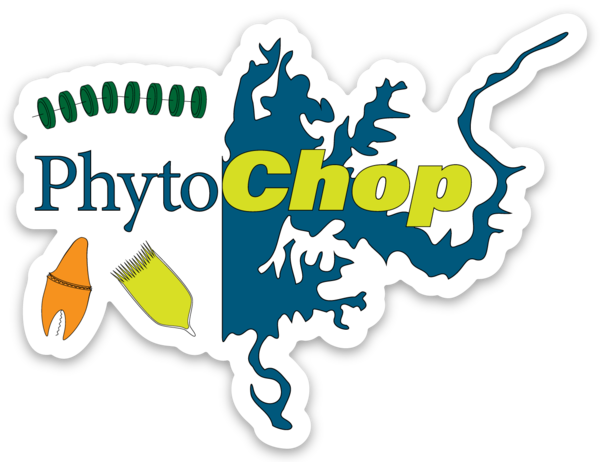 logo image of the Choptank River with the word Phytochop and stylized images of microplankton