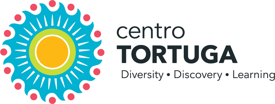 Logo for Centro Tortuga with stylized spiral image with a sun at the center and waves around the outside and red circles between wave crests and the words Centro Tortuga Diversity Discovery Learning